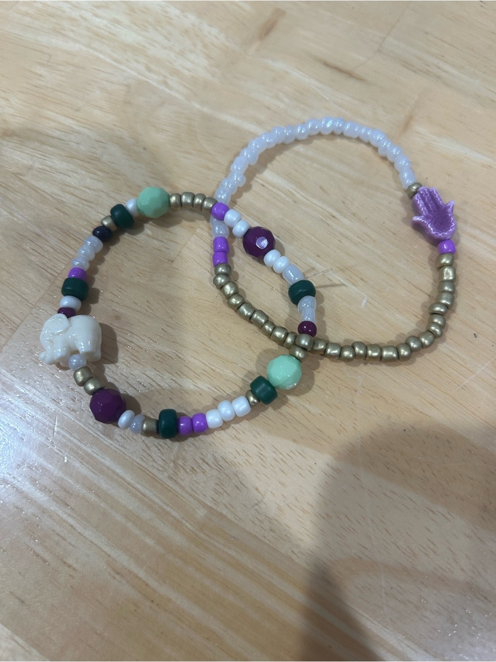 Elephant & Hamsa Handmade Beaded Stretch Bracelets - Purple, Green, White, Gold
